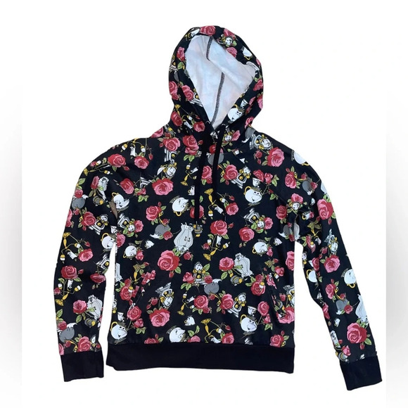 Hot Topic Disney Beauty And The Beast Floral Objects Hoodie Side Pockets Size XS - Picture 6 of 11